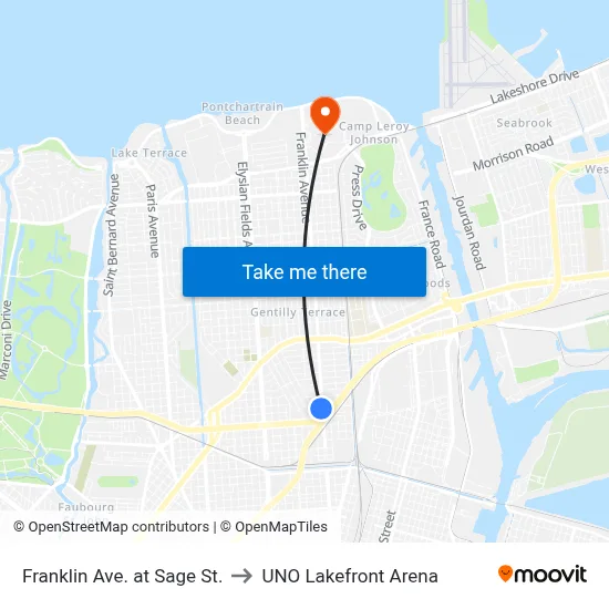Franklin Ave. at Sage St. to UNO Lakefront Arena map