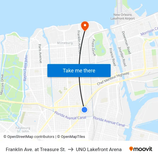 Franklin Ave. at Treasure St. to UNO Lakefront Arena map