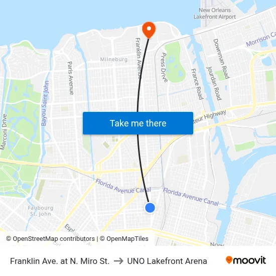 Franklin Ave. at N. Miro St. to UNO Lakefront Arena map