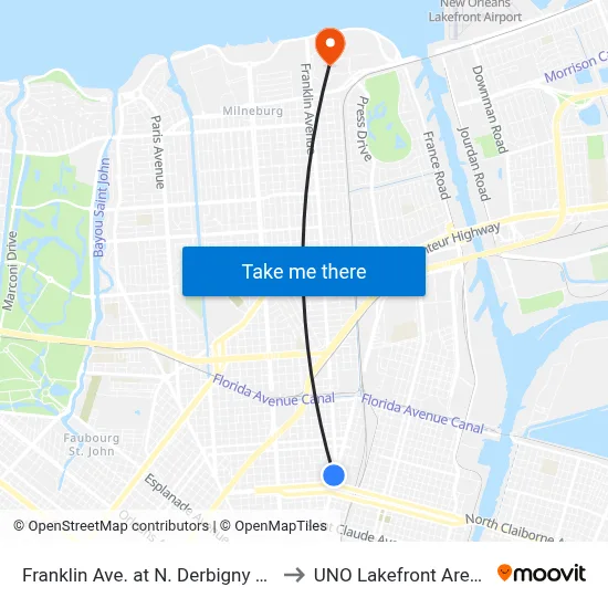 Franklin Ave. at N. Derbigny St. to UNO Lakefront Arena map
