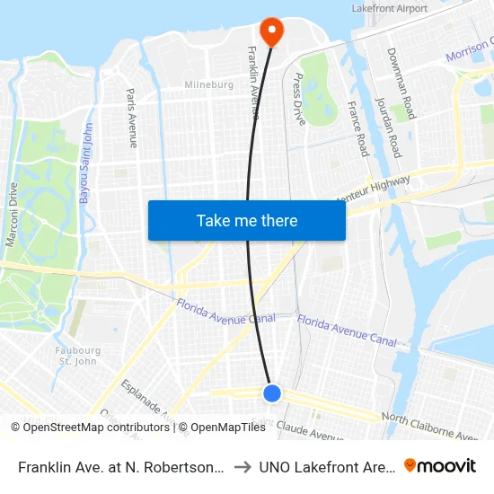 Franklin Ave. at N. Robertson St. to UNO Lakefront Arena map