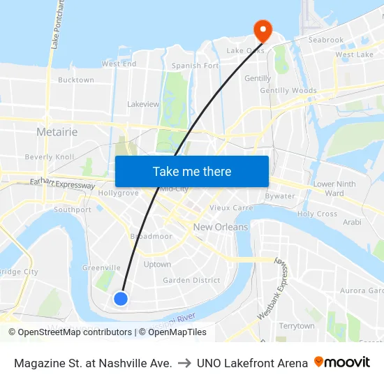 Magazine St. at Nashville Ave. to UNO Lakefront Arena map