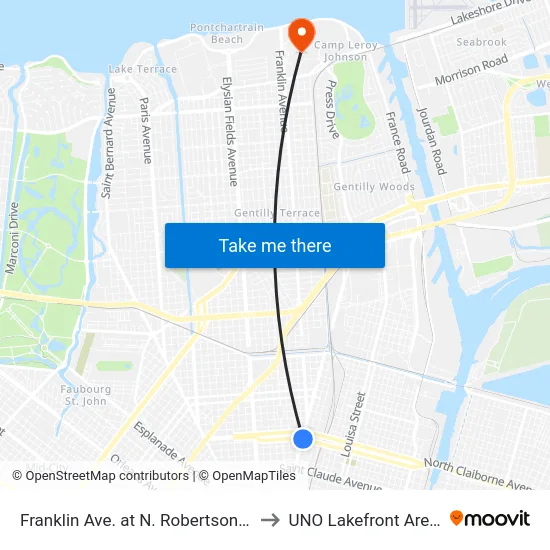 Franklin Ave. at N. Robertson St. to UNO Lakefront Arena map