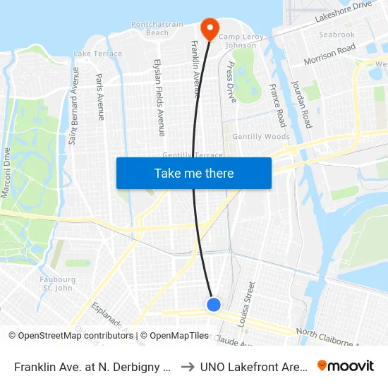 Franklin Ave. at N. Derbigny St. to UNO Lakefront Arena map