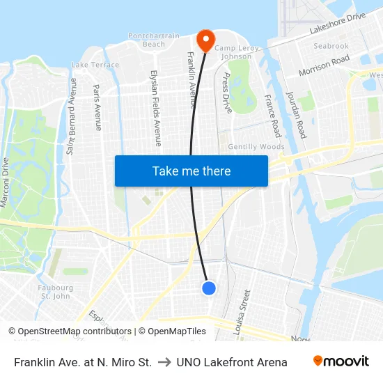 Franklin Ave. at N. Miro St. to UNO Lakefront Arena map