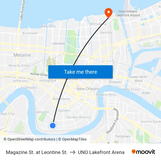 Magazine St. at Leontine St. to UNO Lakefront Arena map