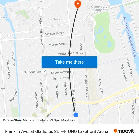 Franklin Ave. at Gladiolus St. to UNO Lakefront Arena map