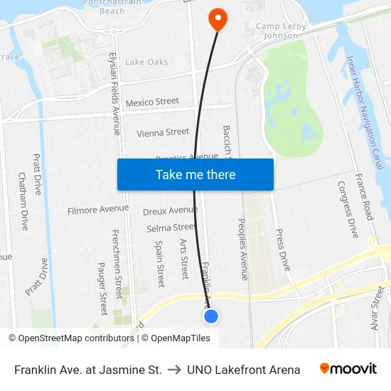 Franklin Ave. at Jasmine St. to UNO Lakefront Arena map