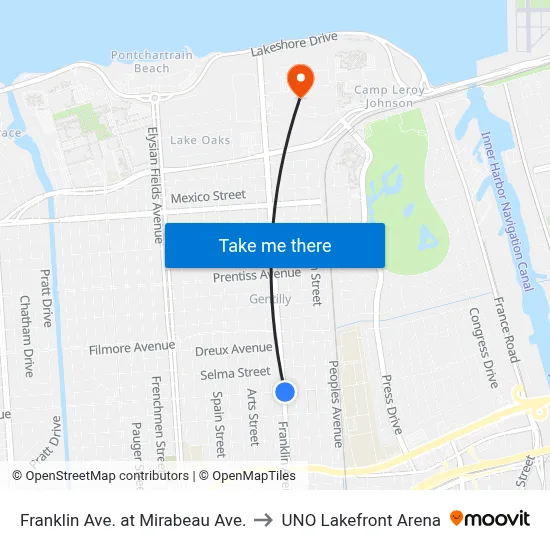 Franklin Ave. at Mirabeau Ave. to UNO Lakefront Arena map