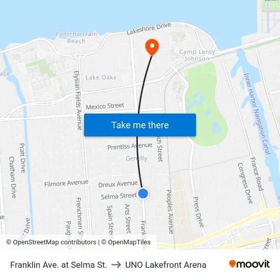 Franklin Ave. at Selma St. to UNO Lakefront Arena map