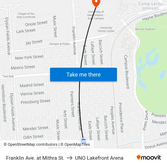 Franklin Ave. at Mithra St. to UNO Lakefront Arena map
