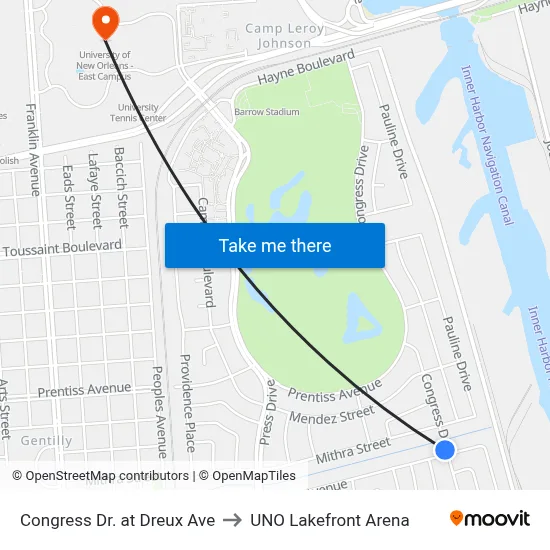 Congress Dr. at Dreux Ave to UNO Lakefront Arena map