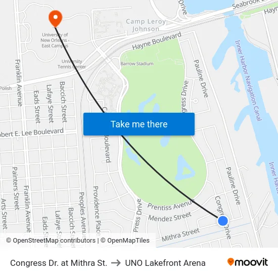 Congress Dr. at Mithra St. to UNO Lakefront Arena map