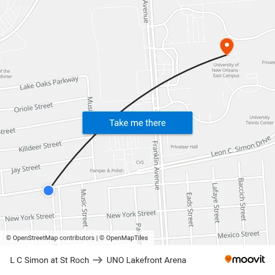 L C Simon at St Roch to UNO Lakefront Arena map