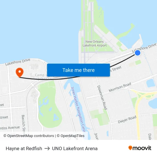 Hayne at Redfish to UNO Lakefront Arena map