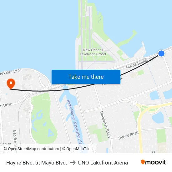 Hayne Blvd. at Mayo Blvd. to UNO Lakefront Arena map