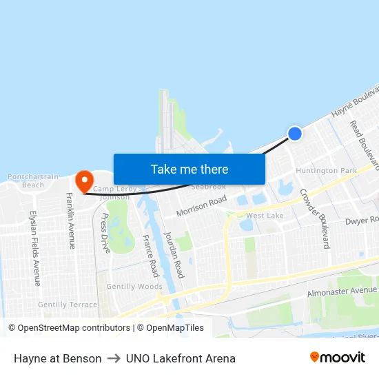 Hayne at Benson to UNO Lakefront Arena map