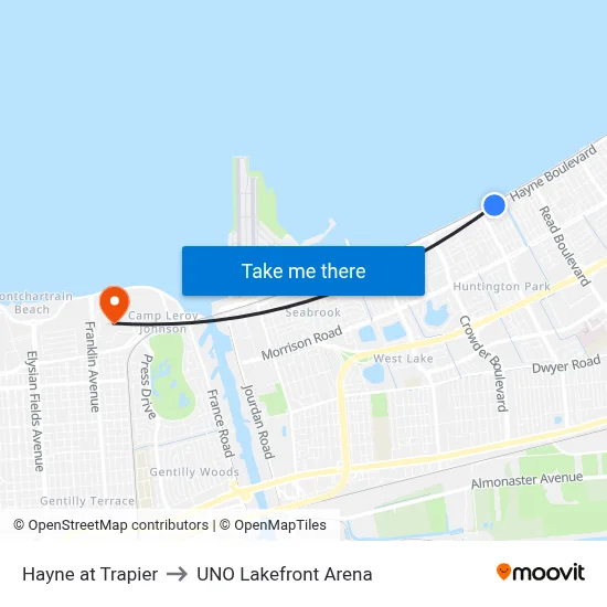 Hayne at Trapier to UNO Lakefront Arena map