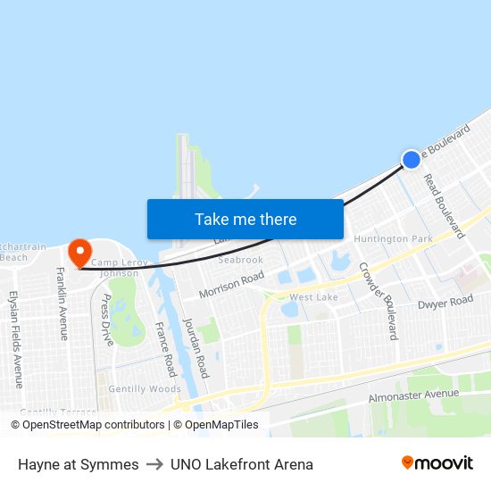 Hayne at Symmes to UNO Lakefront Arena map