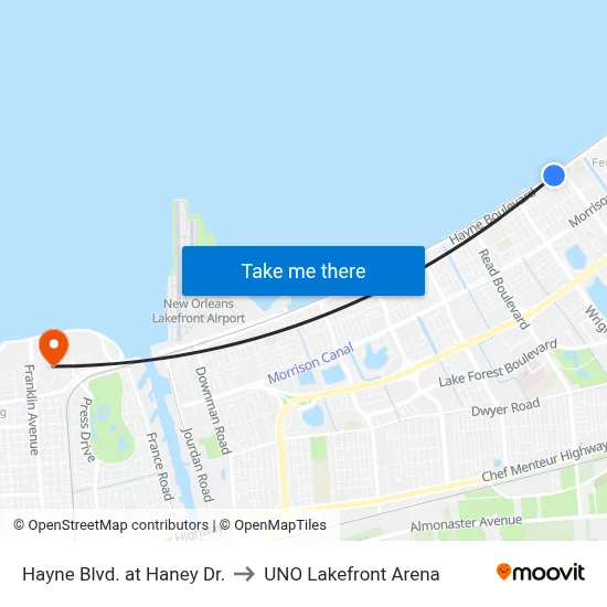 Hayne Blvd. at Haney Dr. to UNO Lakefront Arena map