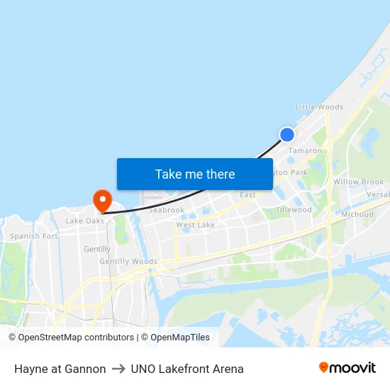 Hayne at Gannon to UNO Lakefront Arena map