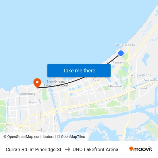 Curran Rd. at Pineridge St. to UNO Lakefront Arena map