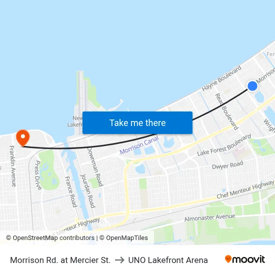 Morrison Rd. at Mercier St. to UNO Lakefront Arena map