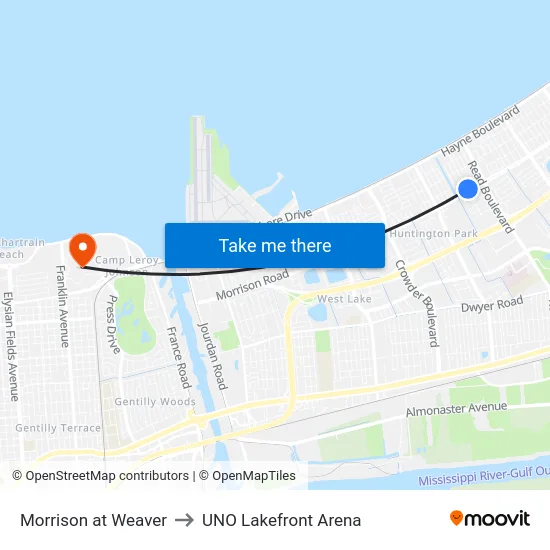 Morrison at Weaver to UNO Lakefront Arena map