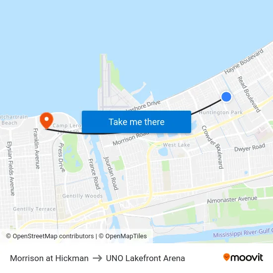 Morrison at Hickman to UNO Lakefront Arena map