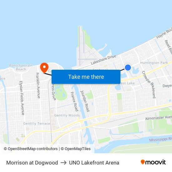 Morrison at Dogwood to UNO Lakefront Arena map