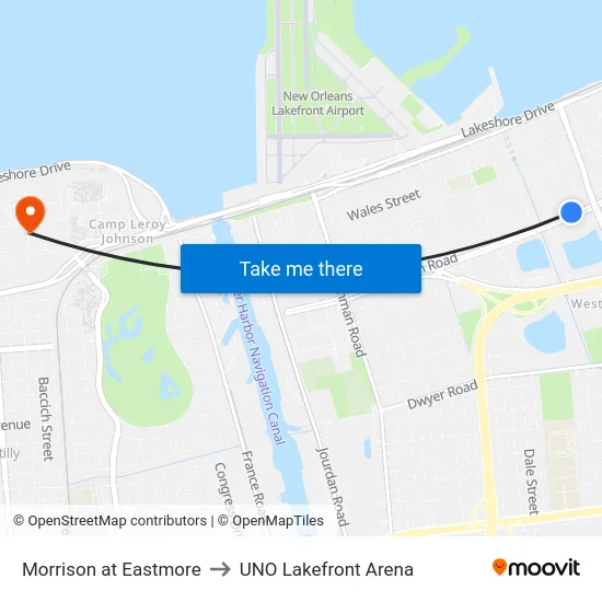Morrison at Eastmore to UNO Lakefront Arena map