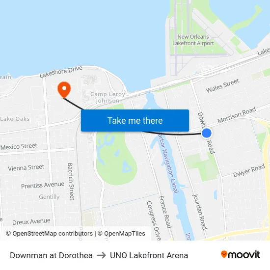 Downman Rd. at Dorothea St. to UNO Lakefront Arena map