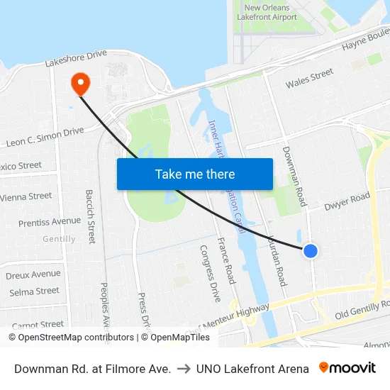 Downman Rd. at Filmore Ave. to UNO Lakefront Arena map