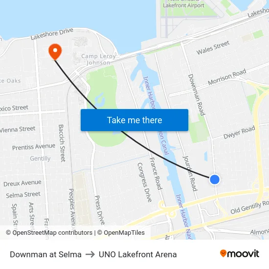 Downman at Selma to UNO Lakefront Arena map