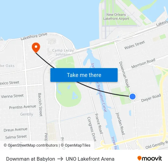 Downman Rd. at Babylon St. to UNO Lakefront Arena map
