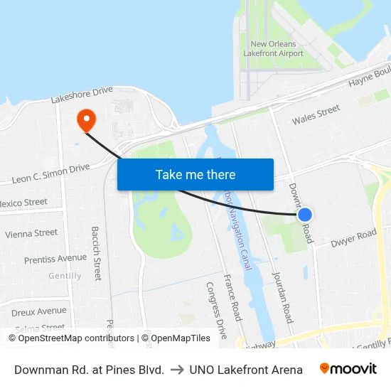 Downman Rd. at Pines Blvd. to UNO Lakefront Arena map