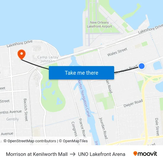 Morrison at Kenilworth Mall to UNO Lakefront Arena map