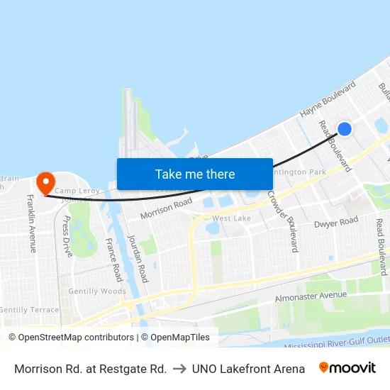 Morrison Rd. at Restgate Rd. to UNO Lakefront Arena map