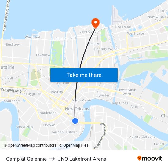 Camp at Gaiennie to UNO Lakefront Arena map