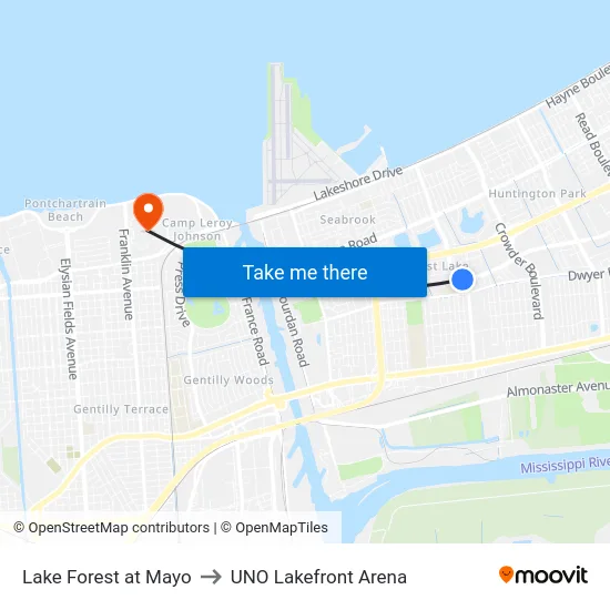 Lake Forest at Mayo to UNO Lakefront Arena map