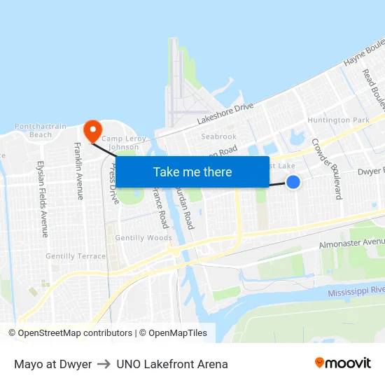 Mayo at Dwyer to UNO Lakefront Arena map