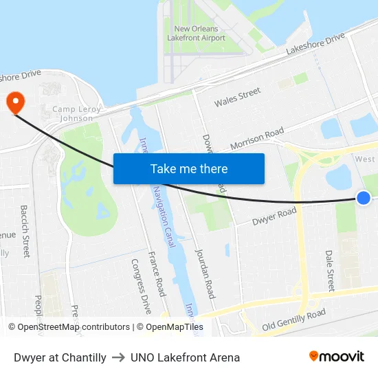 Dwyer at Chantilly to UNO Lakefront Arena map