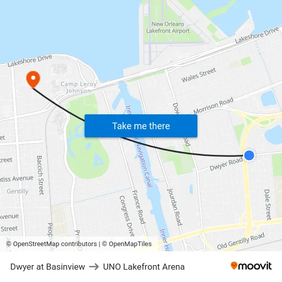 Dwyer at Basinview to UNO Lakefront Arena map