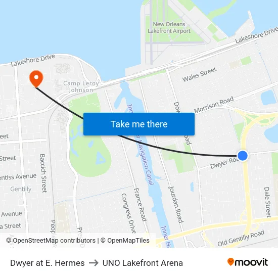 Dwyer at E. Hermes to UNO Lakefront Arena map