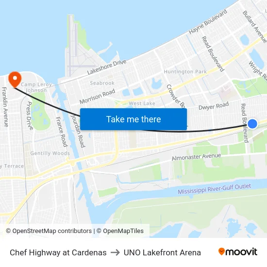 Chef Highway at Cardenas to UNO Lakefront Arena map