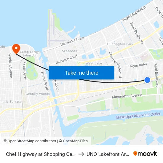 Chef Highway at Shopping Center to UNO Lakefront Arena map