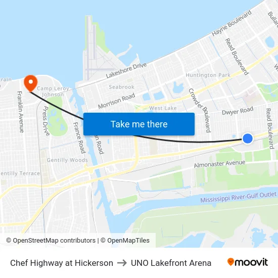 Chef Highway at Hickerson to UNO Lakefront Arena map