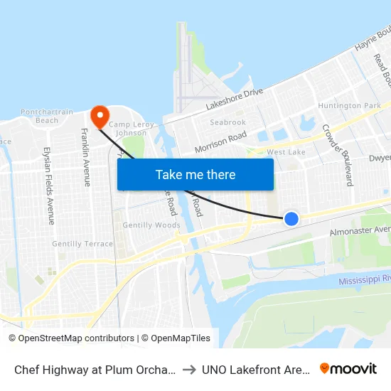 Chef Highway at Plum Orchard to UNO Lakefront Arena map