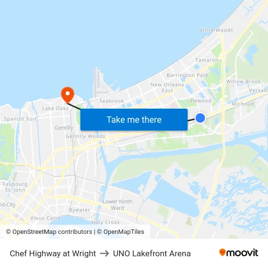 Chef Highway at Wright to UNO Lakefront Arena map