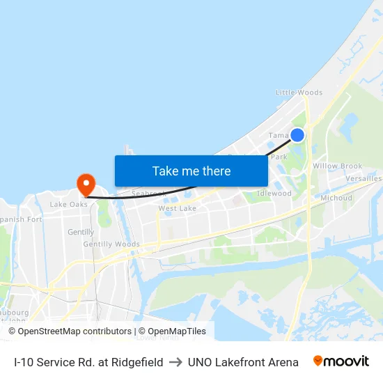 I-10 Service Rd. at Ridgefield to UNO Lakefront Arena map